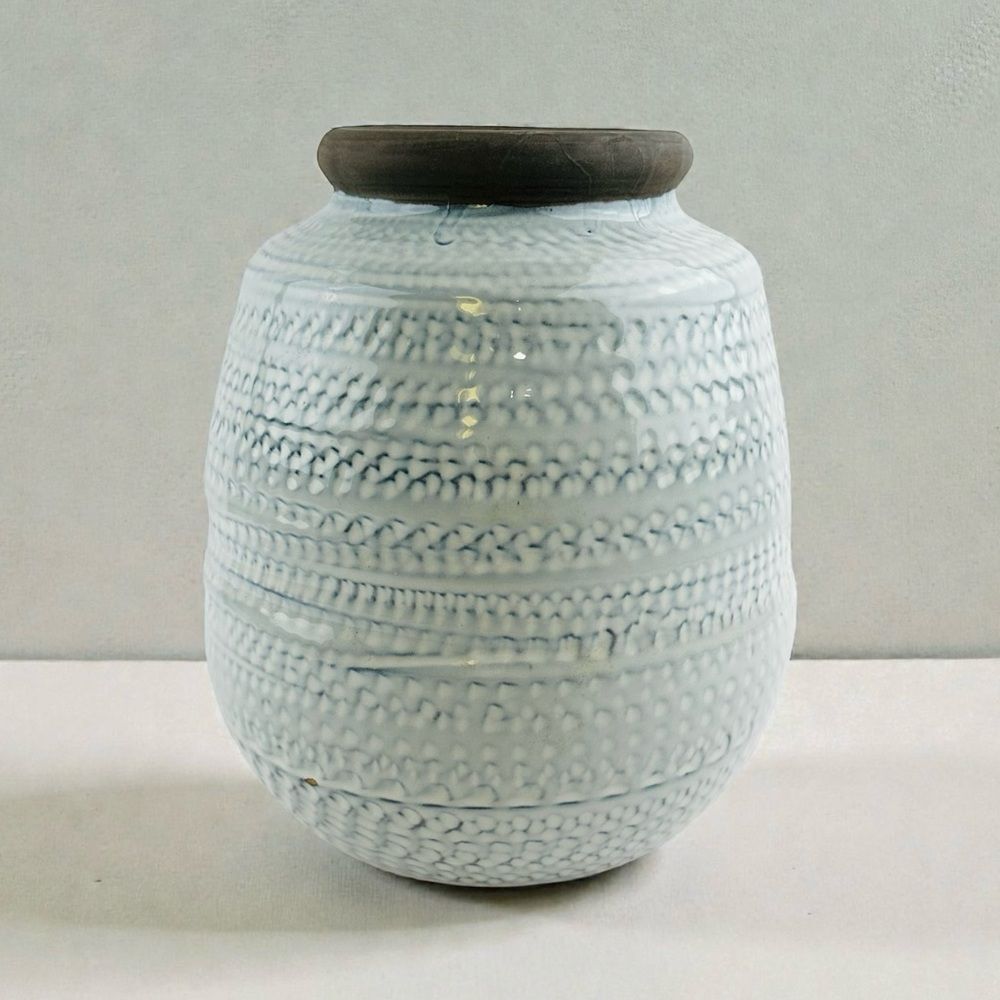 Blue Gray White Textured Ceramic Vase Brown Rim 8”x4.5” Jar Classic Neutral